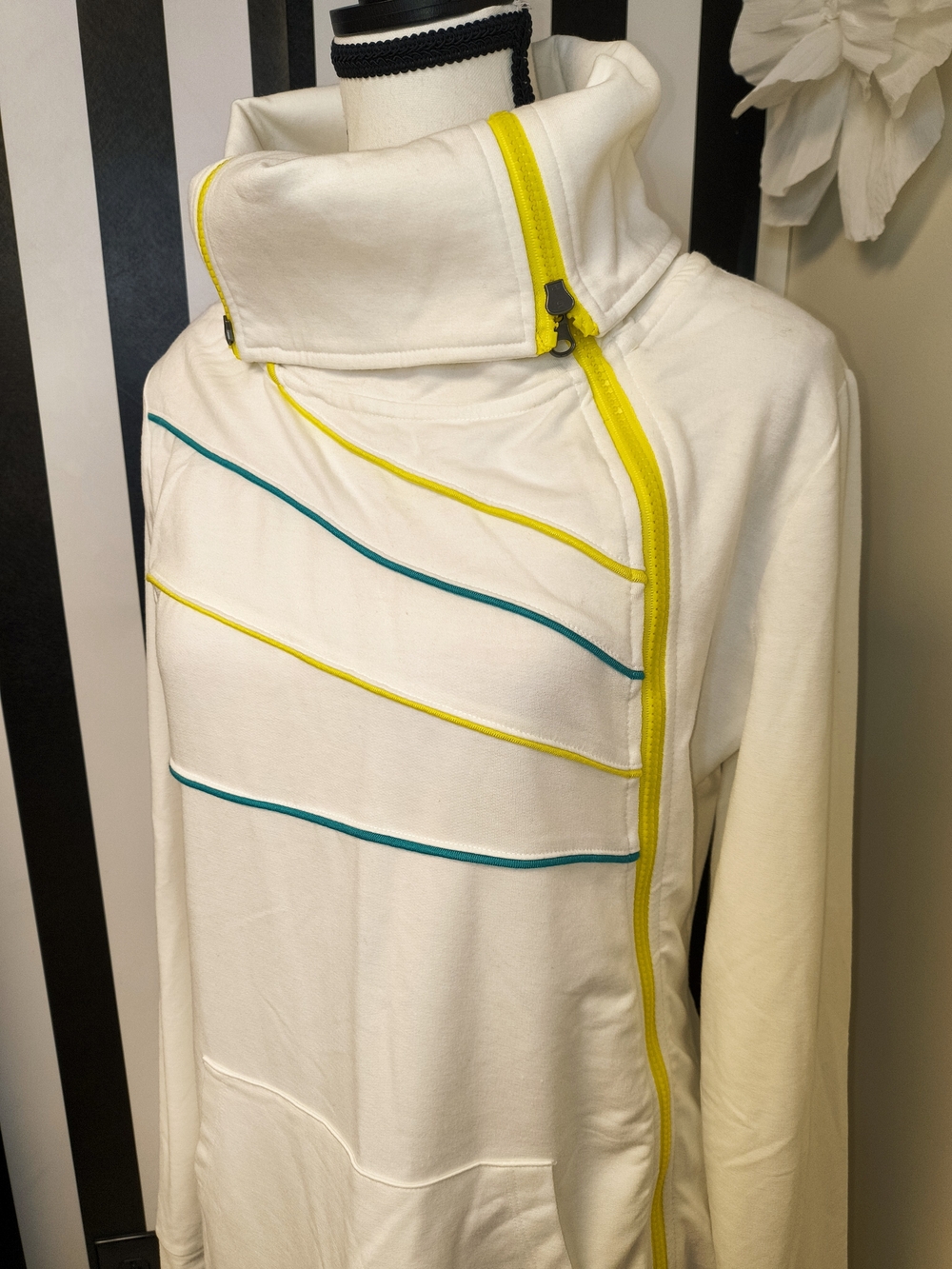VENUS Cream Funnel Neck Hoodie with Yellow & Teal Trim - Picture 3 of 3